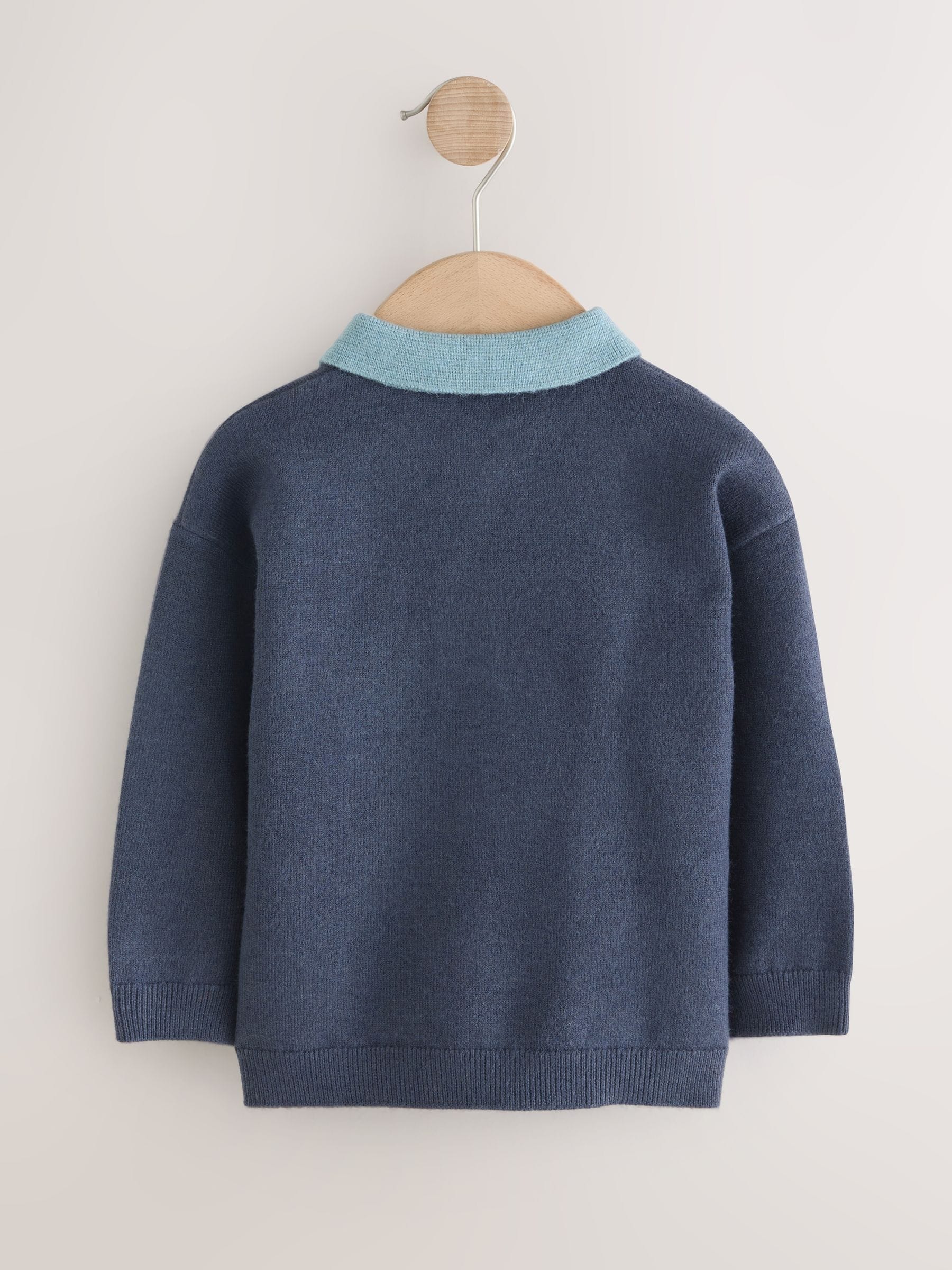 Dsiney Kidz - Navy Blue Contrast Collar Button Neck Knitted Polo Shirt (3mths-7yrs) image 5