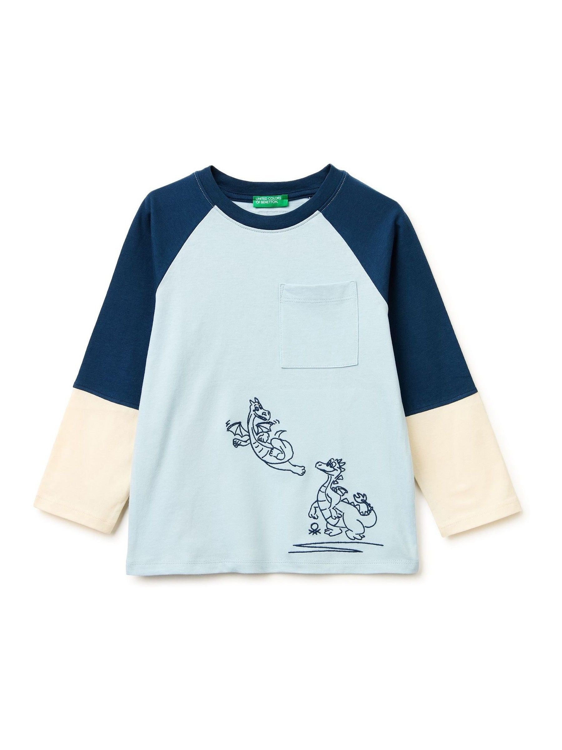 Benetton Blue Raglan Colour Block T-Shirt image 1