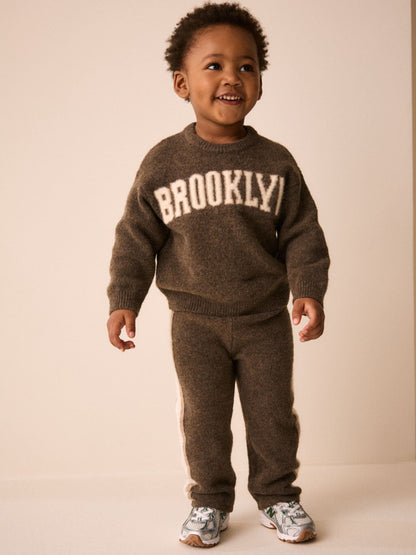 Chocolate Brown Brooklyn Knitted Crew Neck Jumper and Joggers Set (3mths-7yrs) image 1