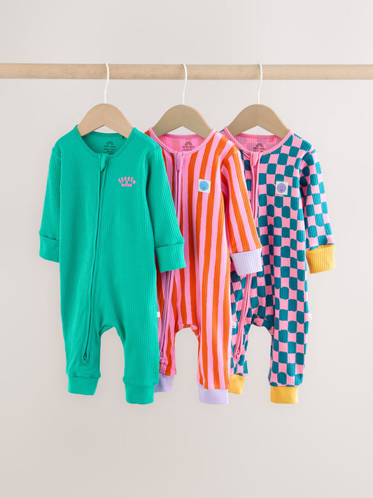 Pink/Blue Checkerboard Two Way Zip Baby Sleepsuits 3 Pack (0mths-3yrs) - image 1