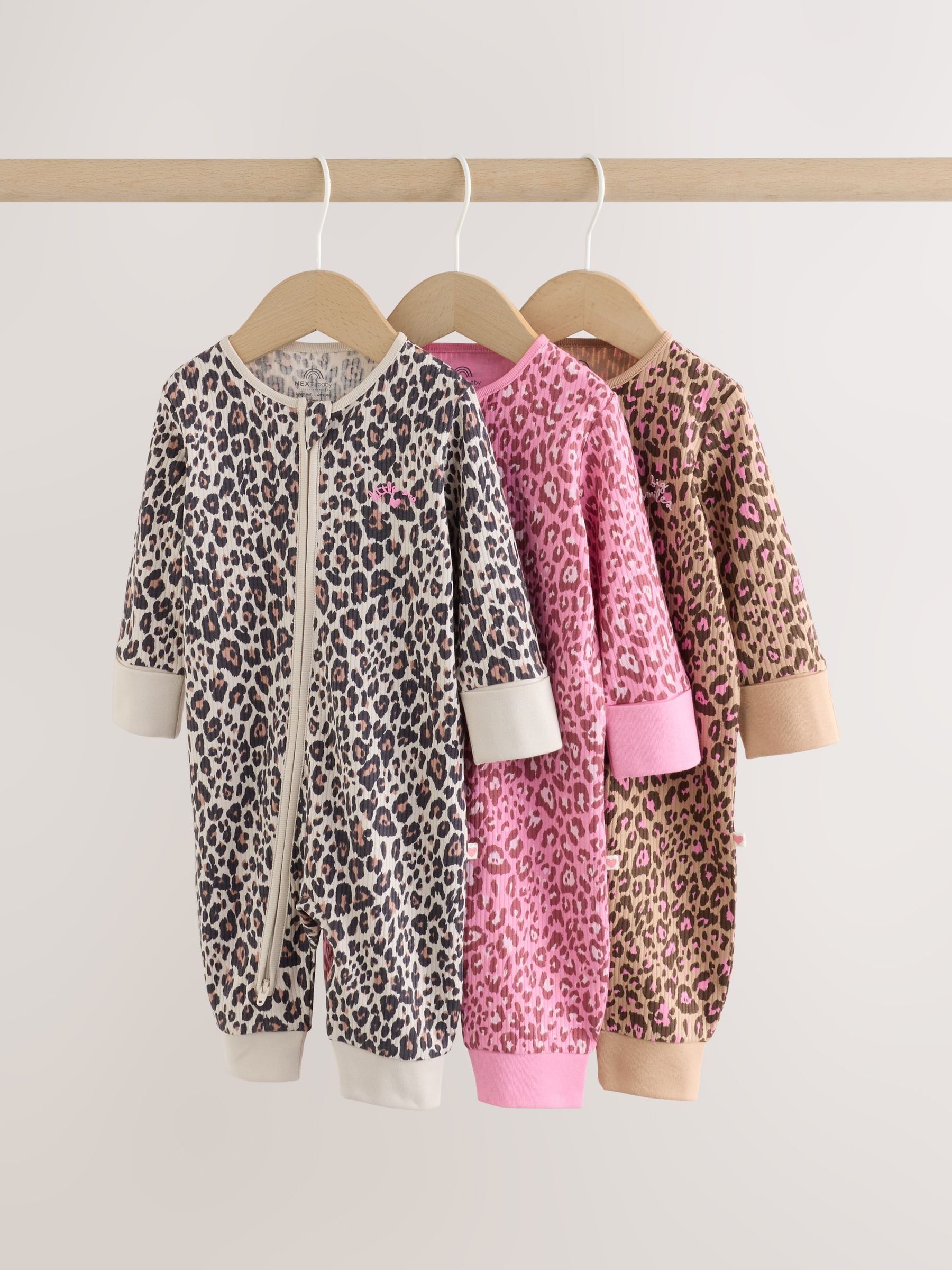 Pink Animal Print Two Way Zip Baby Sleepsuits 3 Pack (0mths-3yrs) image 1