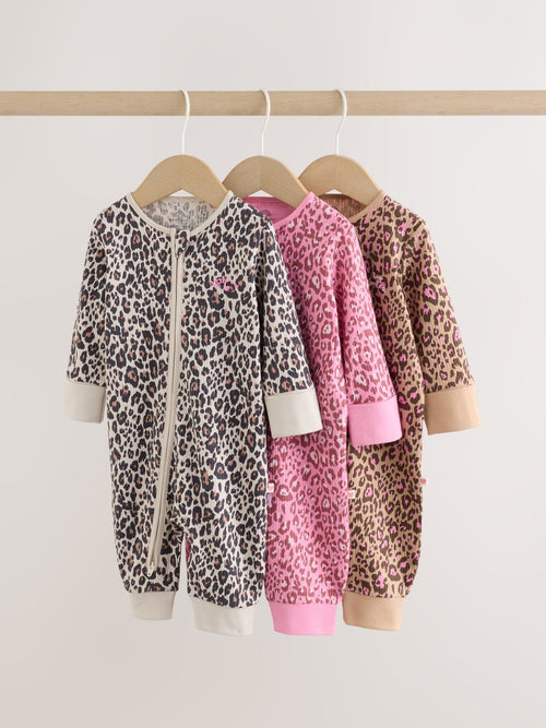 Pink Animal Print Two Way Zip Baby Sleepsuits 3 Pack (0mths-3yrs) image 1