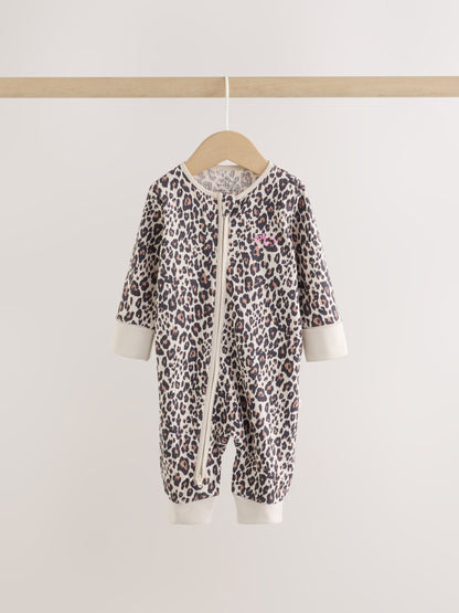 Pink Animal Print Two Way Zip Baby Sleepsuits 3 Pack (0mths-3yrs) image 2