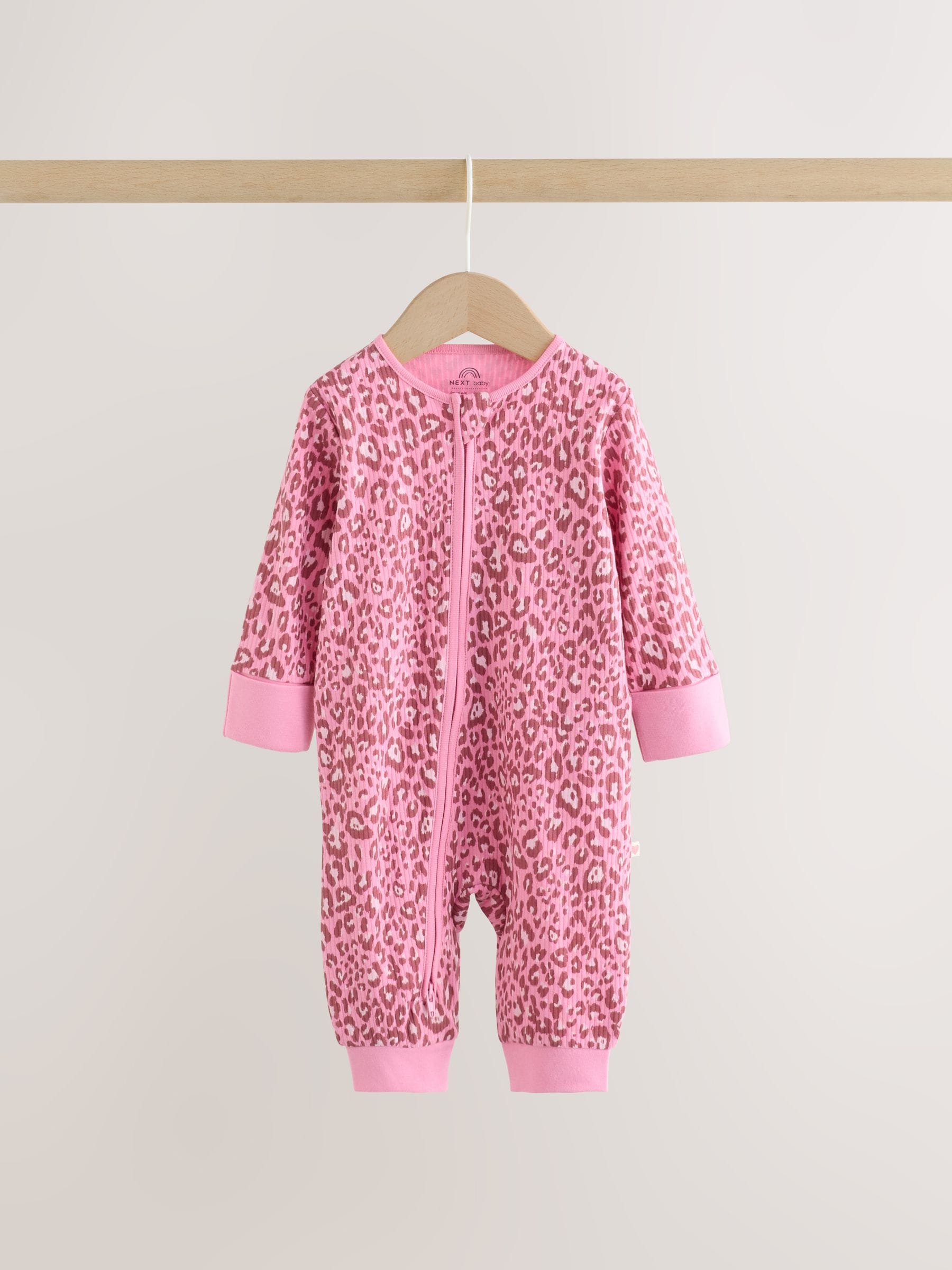 Pink Animal Print Two Way Zip Baby Sleepsuits 3 Pack (0mths-3yrs) image 3