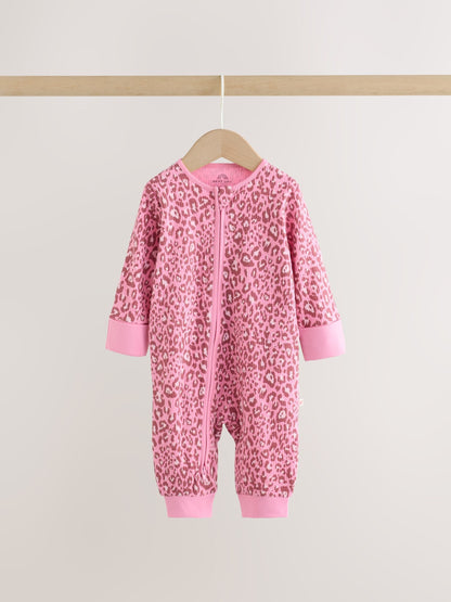 Pink Animal Print Two Way Zip Baby Sleepsuits 3 Pack (0mths-3yrs) image 3