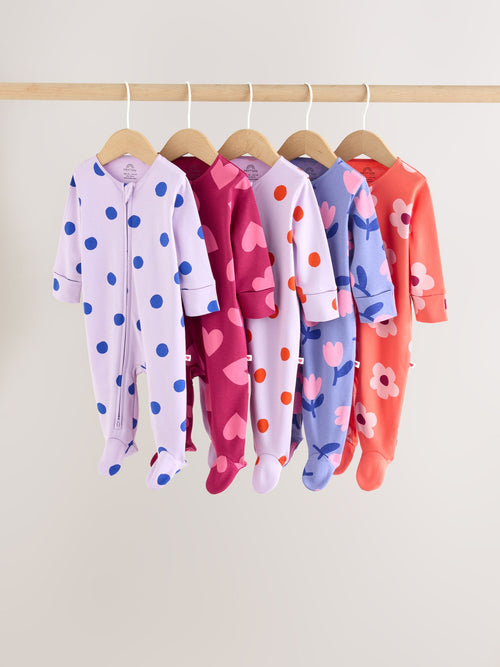 Purple/Pink Two Way Zip Baby Sleepsuits 5 Pack (0-2yrs) image 1