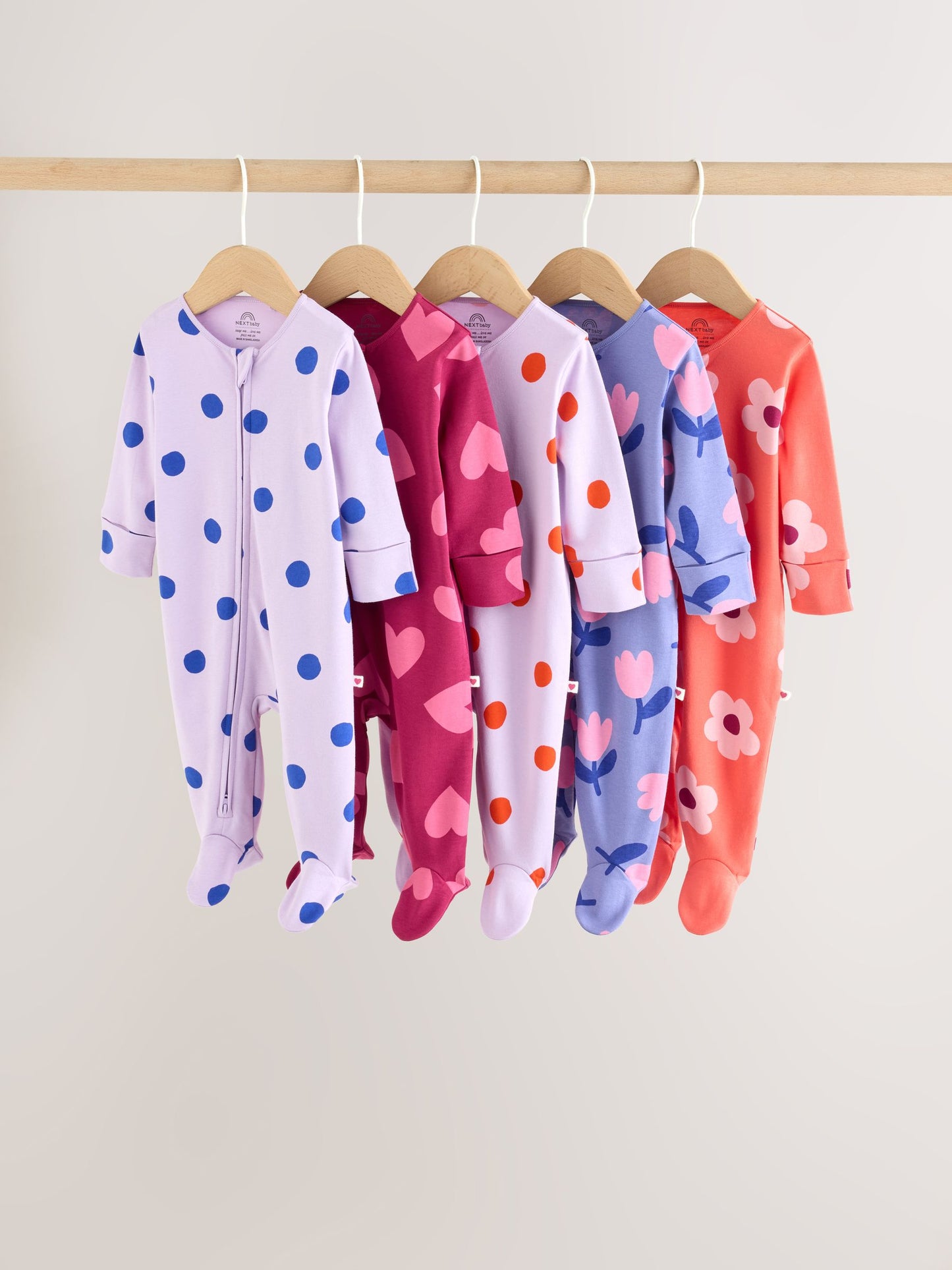 Purple/Pink Two Way Zip Baby Sleepsuits 5 Pack (0mths-2yrs) image 1