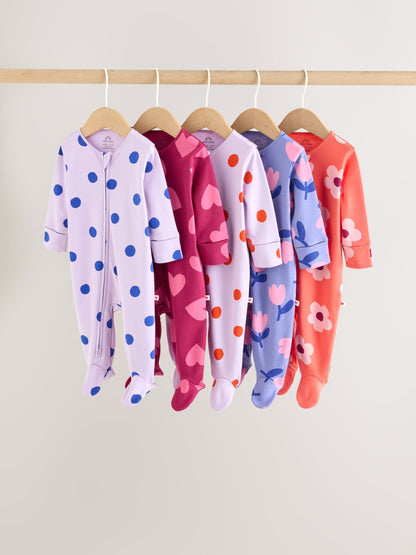 Purple/Pink Two Way Zip Baby Sleepsuits 5 Pack (0mths-2yrs) image 1