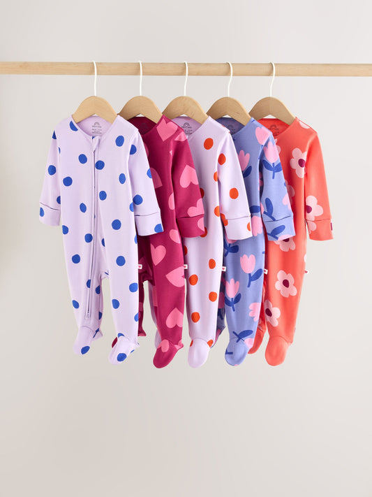 Purple/Pink Two Way Zip Baby Sleepsuits 5 Pack (0mths-2yrs) image 1