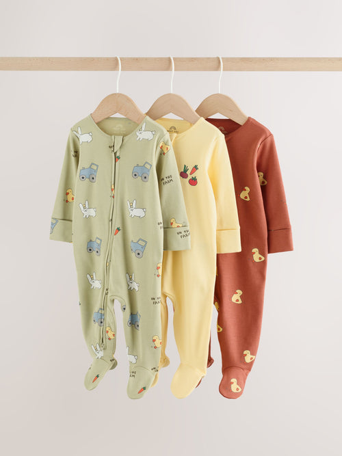 Yellow Farm Animals Two Way Zip Baby Sleepsuits 3 Pack (0mths-2yrs) image 1