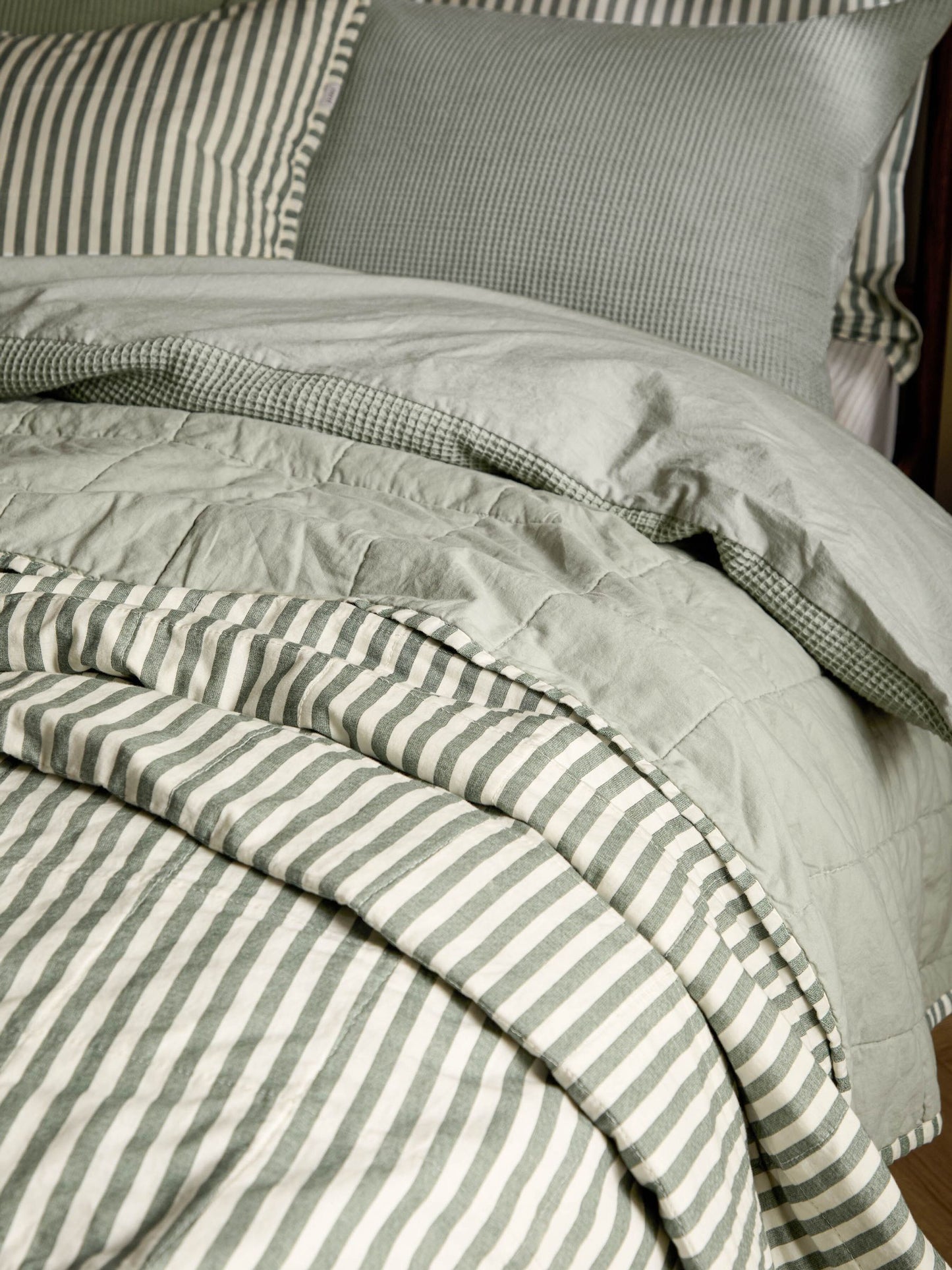 Yard ForestBay Green Hebden Stripe Stonewashed Cotton Bedspread image 2