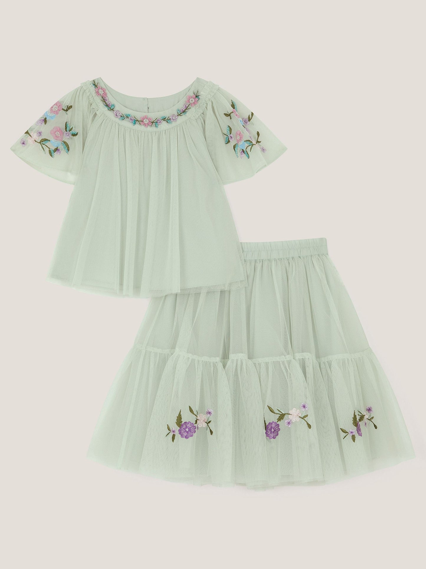 Monsoon Green Amina Floral Tulle Top & Skirt Set image 2