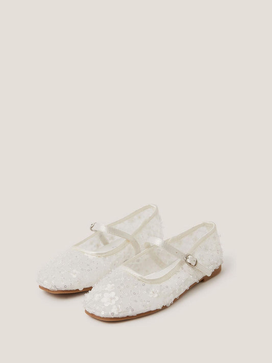 Monsoon Cream Flower Sparkle Mesh Ballet Flats image 1