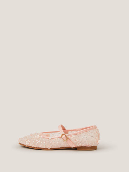 Monsoon Pink Flower Sparkle Mesh Ballet Flats image 3