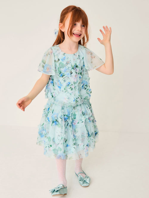 Monsoon Blue Roma Floral Print Ruffle Top & Skirt Set image 1