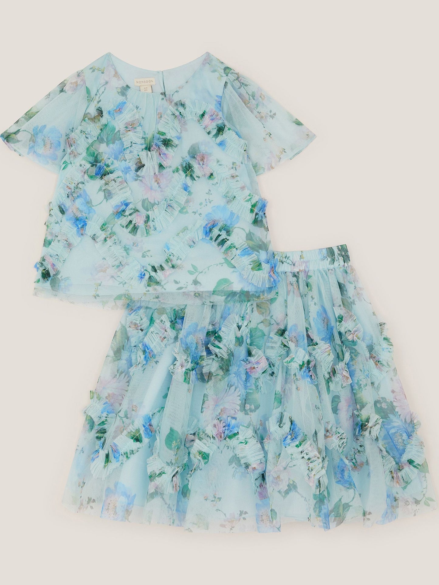 Monsoon Blue Roma Floral Print Ruffle Top & Skirt Set image 2