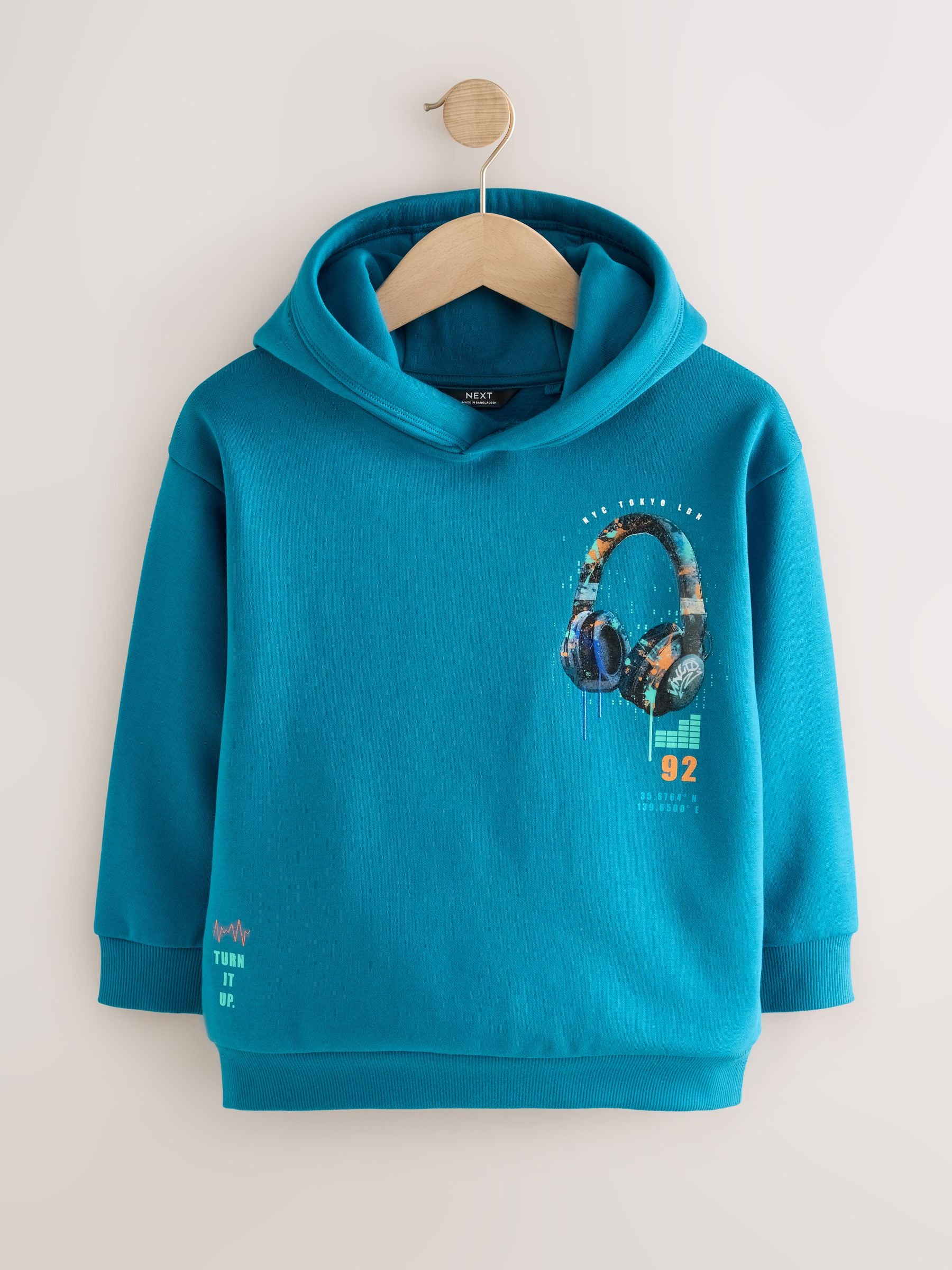 Dsiney Kidz - Teal Blue Headphones Regular Fit Older Graphic Print Hoodie (3-16yrs) image 1