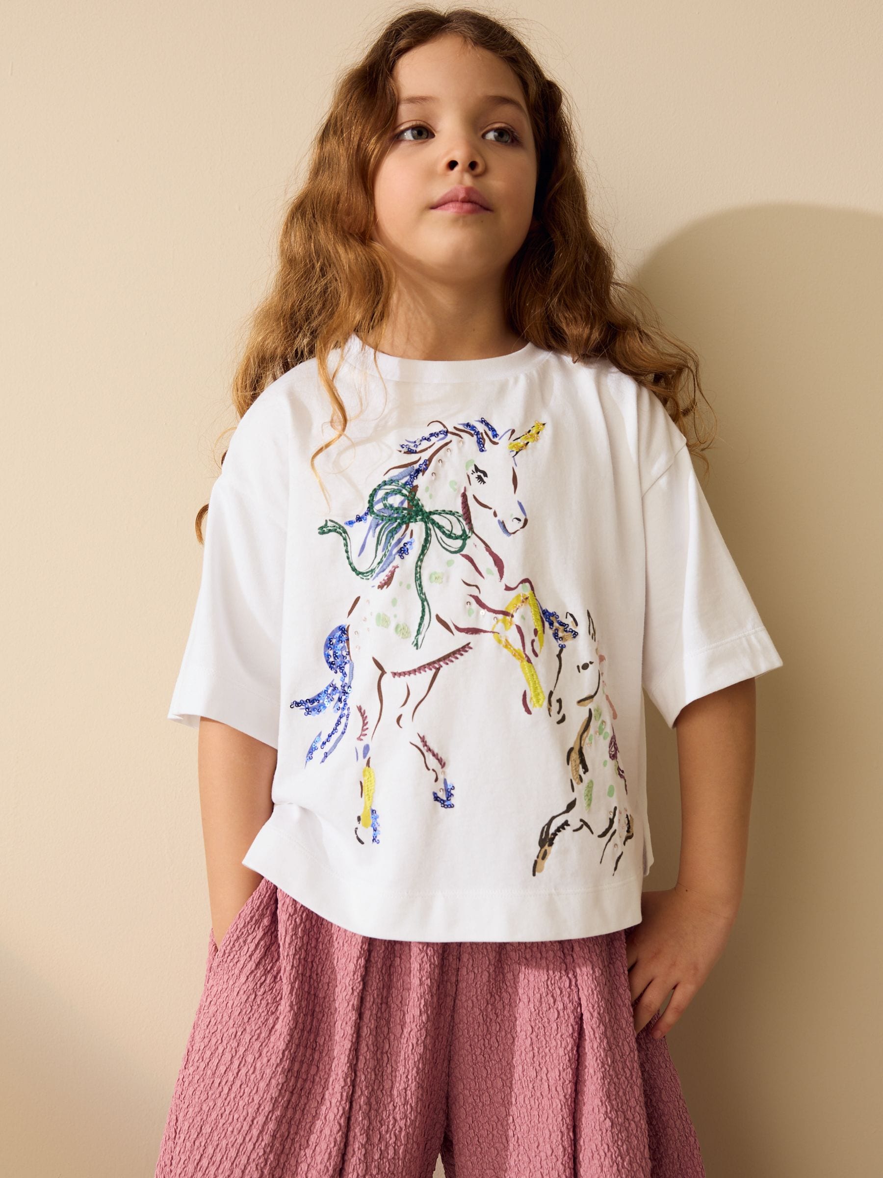Dsiney Kidz - White Unicorn Sequin Graphic Oversized Boxy T-Shirt (3-16yrs) image 1