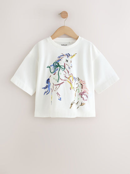 Dsiney Kidz - White Unicorn Sequin Graphic Oversized Boxy T-Shirt (3-16yrs) image 5