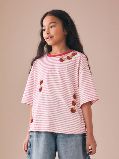 Dsiney Kidz - Red Stripe Beaded Tomato Oversized Boxy T-Shirt (3-16yrs) image 1