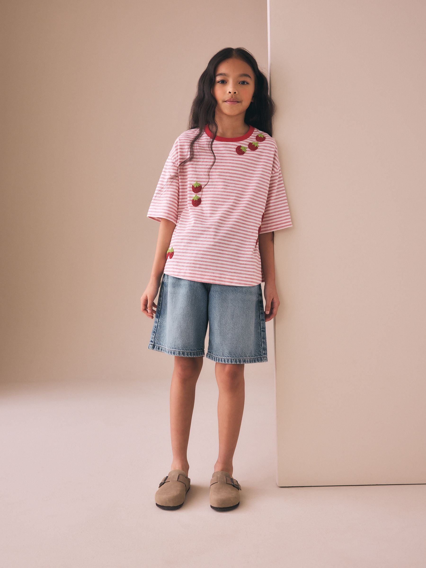 Dsiney Kidz - Red Stripe Beaded Tomato Oversized Boxy T-Shirt (3-16yrs) image 2