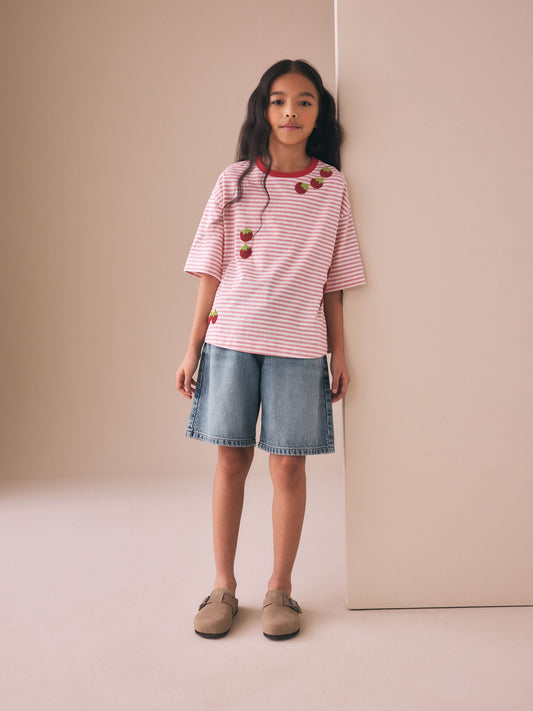 Dsiney Kidz - Red Stripe Beaded Tomato Oversized Boxy T-Shirt (3-16yrs) image 2