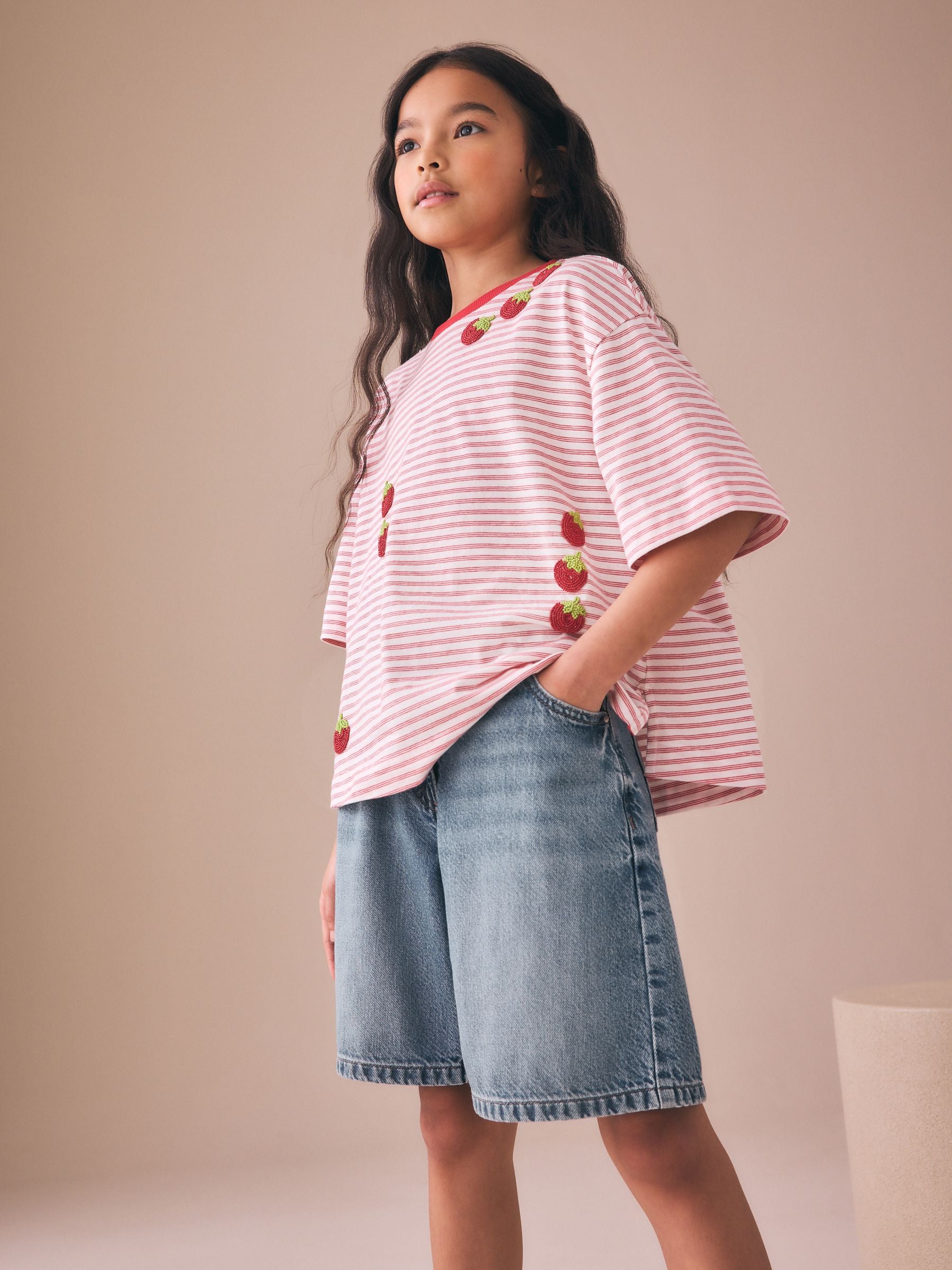 Dsiney Kidz - Red Stripe Beaded Tomato Oversized Boxy T-Shirt (3-16yrs) image 4