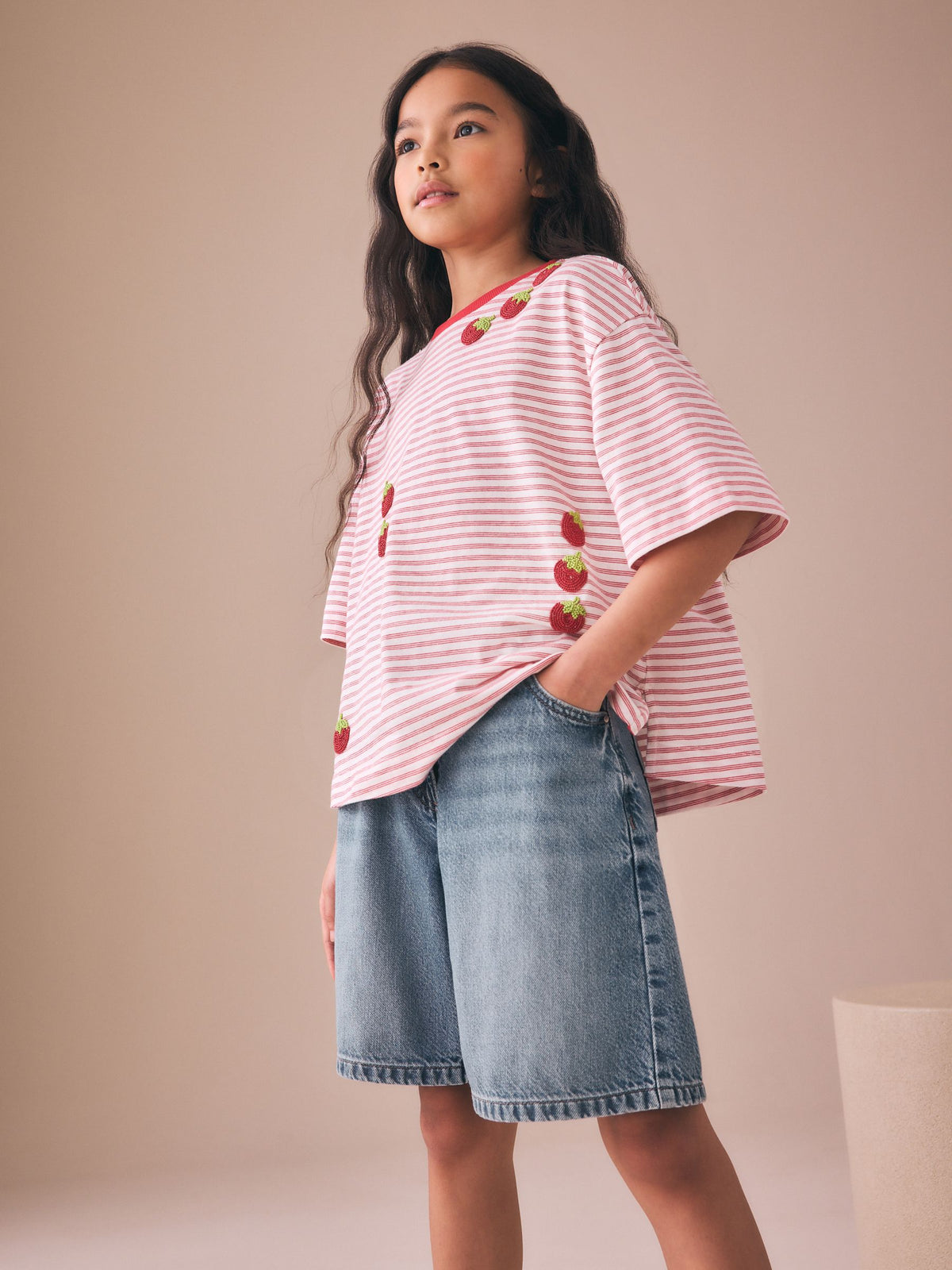 Dsiney Kidz - Red Stripe Beaded Tomato Oversized Boxy T-Shirt (3-16yrs) image 4