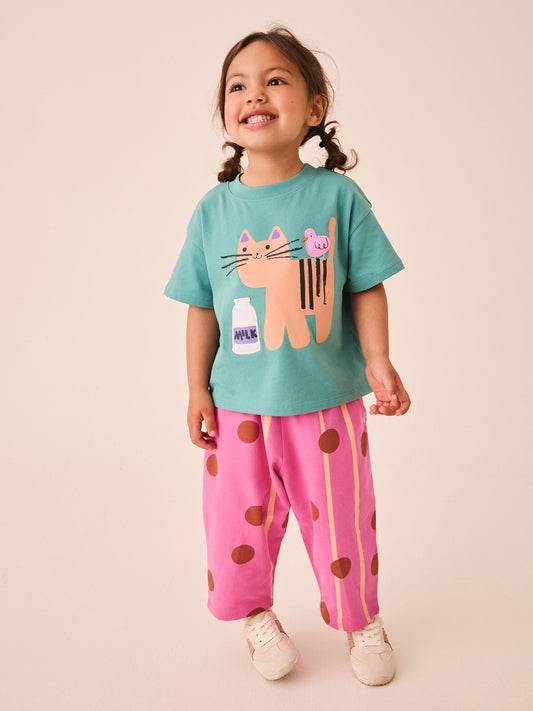 Dsiney Kidz - Green Cat Short Sleeve T-Shirt and Barrel Trousers Set (3mths-7yrs) image 1