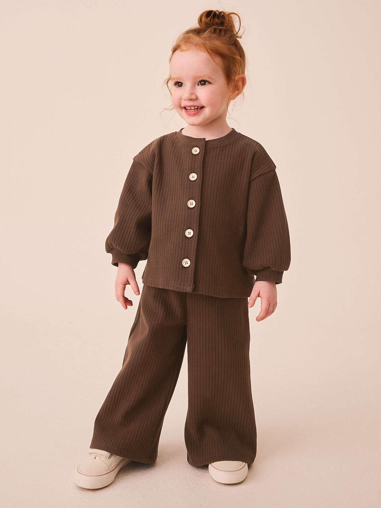 Dsiney Kidz - Chocolate Brown Ribbed Raglan Cardigan and Wide Leg Trousers Set (3mths-7yrs) image 1