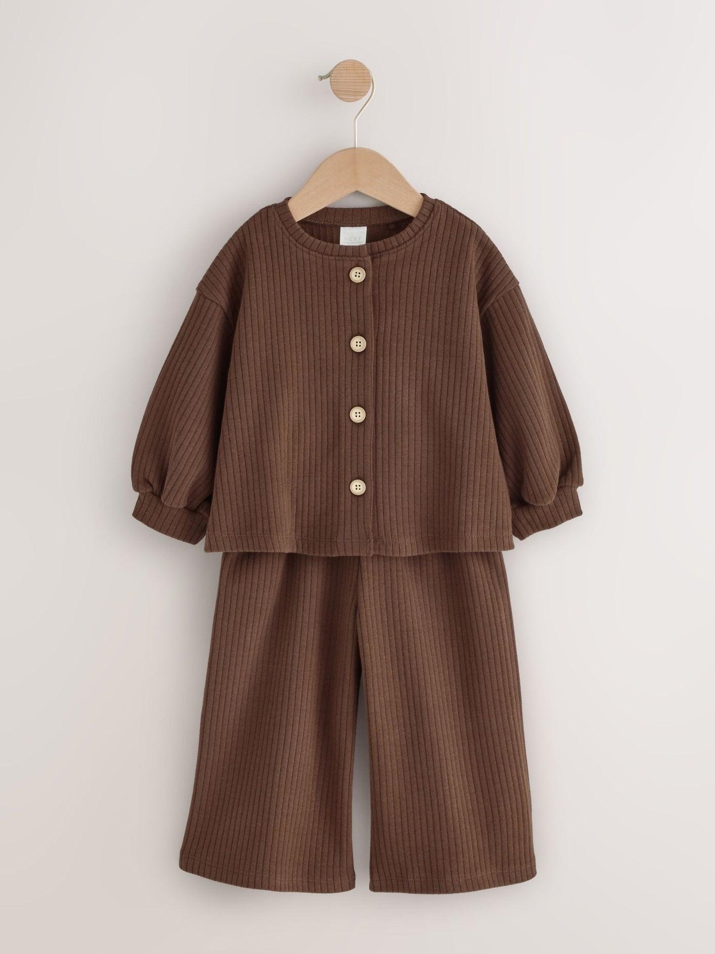 Dsiney Kidz - Chocolate Brown Ribbed Raglan Cardigan and Wide Leg Trousers Set (3mths-7yrs) image 5