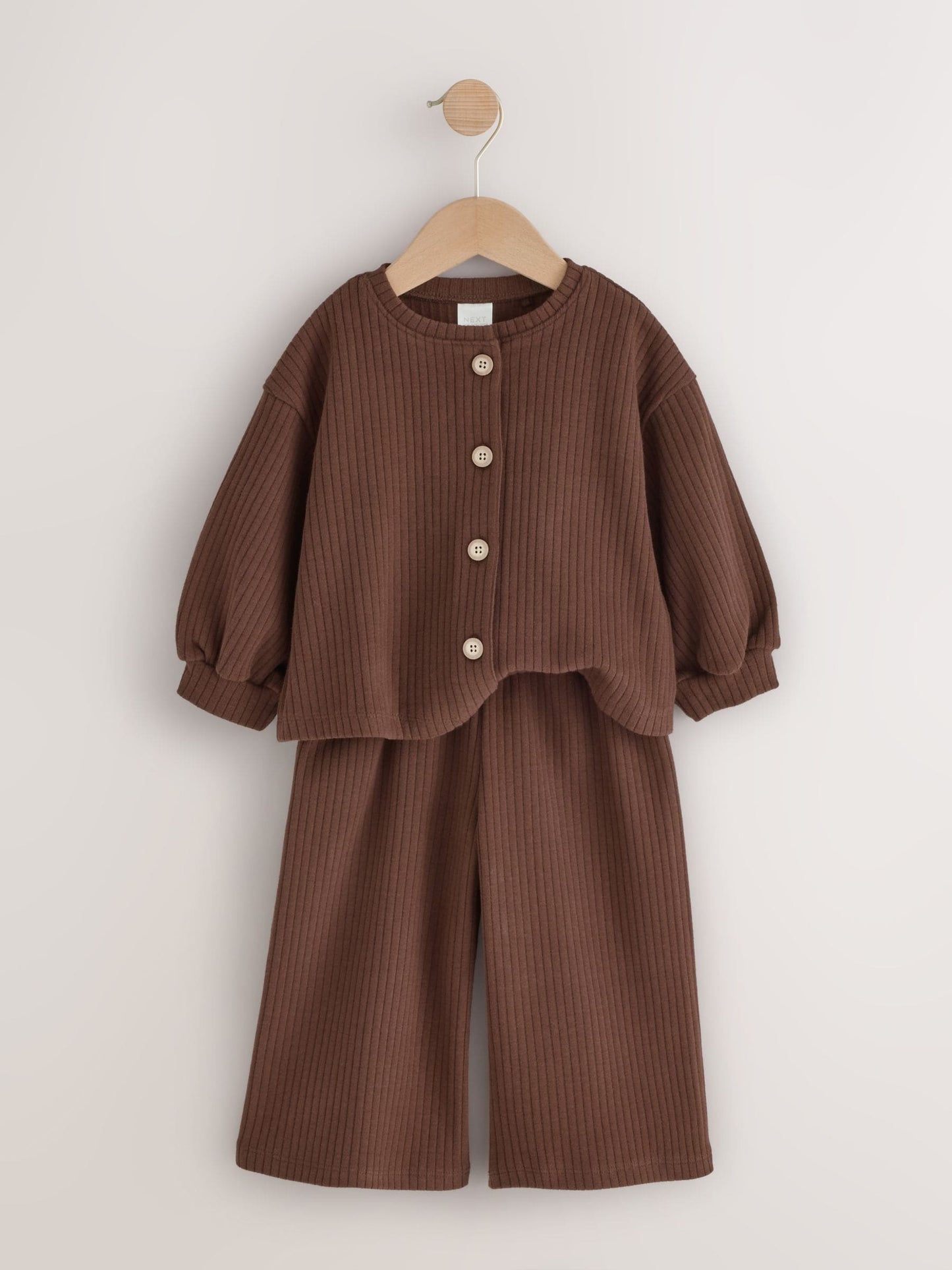 Dsiney Kidz - Chocolate Brown Ribbed Raglan Cardigan and Wide Leg Trousers Set (3mths-7yrs) image 6