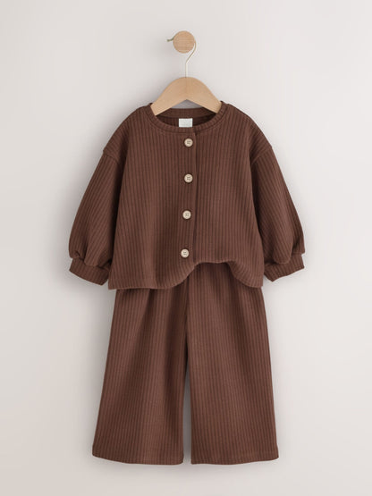 Dsiney Kidz - Chocolate Brown Ribbed Raglan Cardigan and Wide Leg Trousers Set (3mths-7yrs) image 6