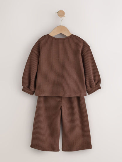 Dsiney Kidz - Chocolate Brown Ribbed Raglan Cardigan and Wide Leg Trousers Set (3mths-7yrs) image 7
