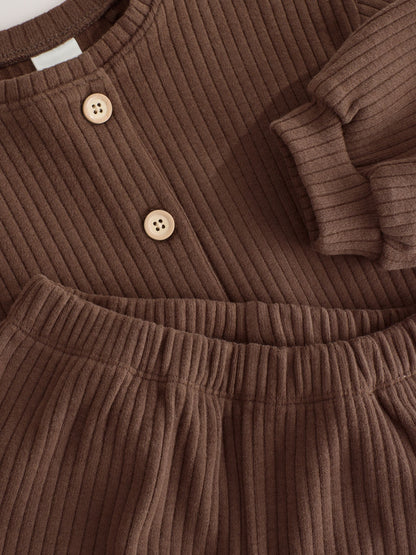 Dsiney Kidz - Chocolate Brown Ribbed Raglan Cardigan and Wide Leg Trousers Set (3mths-7yrs) image 8