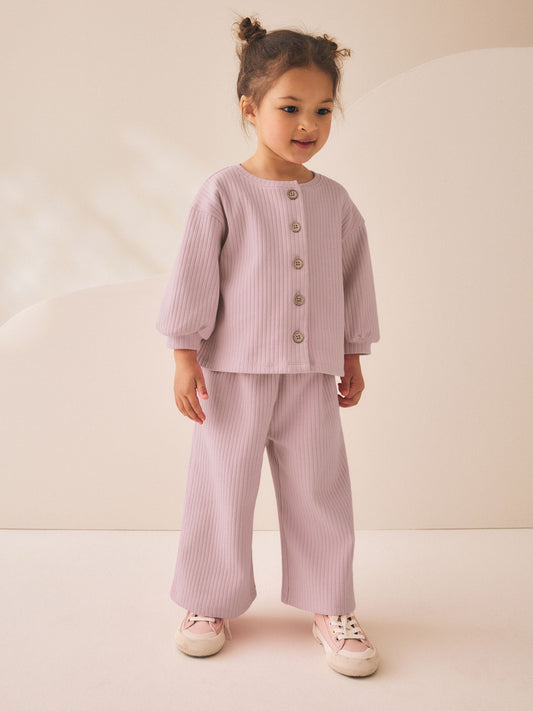 Dsiney Kidz - Pink Ribbed Raglan Cardigan and Wide Leg Trousers Set (3mths-7yrs) image 1