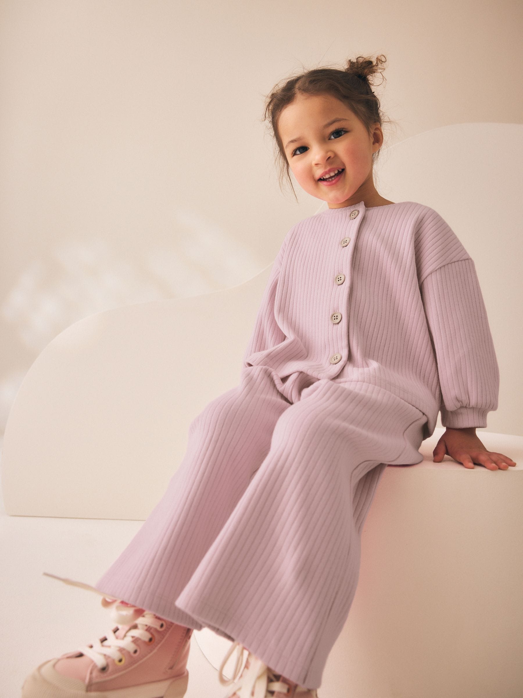 Dsiney Kidz - Pink Ribbed Raglan Cardigan and Wide Leg Trousers Set (3mths-7yrs) image 2
