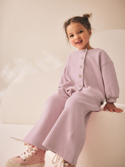 Dsiney Kidz - Pink Ribbed Raglan Cardigan and Wide Leg Trousers Set (3mths-7yrs) image 2
