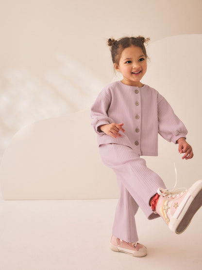 Dsiney Kidz - Pink Ribbed Raglan Cardigan and Wide Leg Trousers Set (3mths-7yrs) image 3
