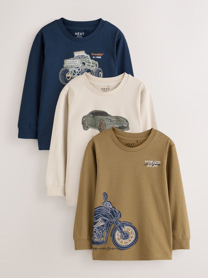 Dsiney Kidz - Navy/Tan/Stone Vehicles Graphic Long Sleeve Relaxed Fit T-Shirts 3 Pack (3-16yrs) image 1