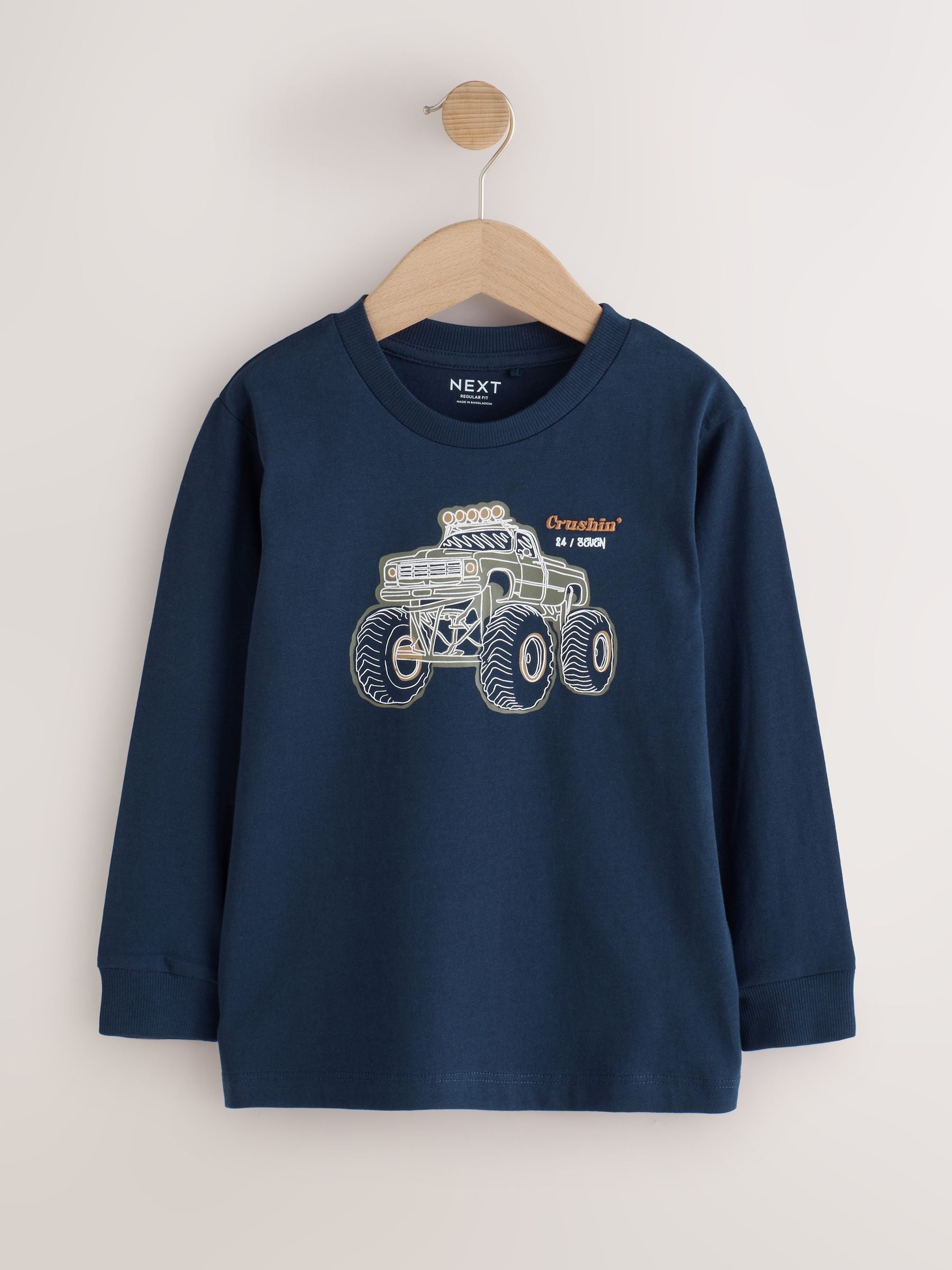 Dsiney Kidz - Navy/Tan/Stone Vehicles Graphic Long Sleeve Relaxed Fit T-Shirts 3 Pack (3-16yrs) image 4