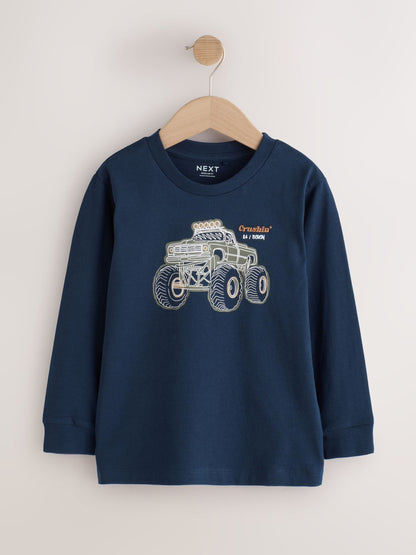 Dsiney Kidz - Navy/Tan/Stone Vehicles Graphic Long Sleeve Relaxed Fit T-Shirts 3 Pack (3-16yrs) image 4