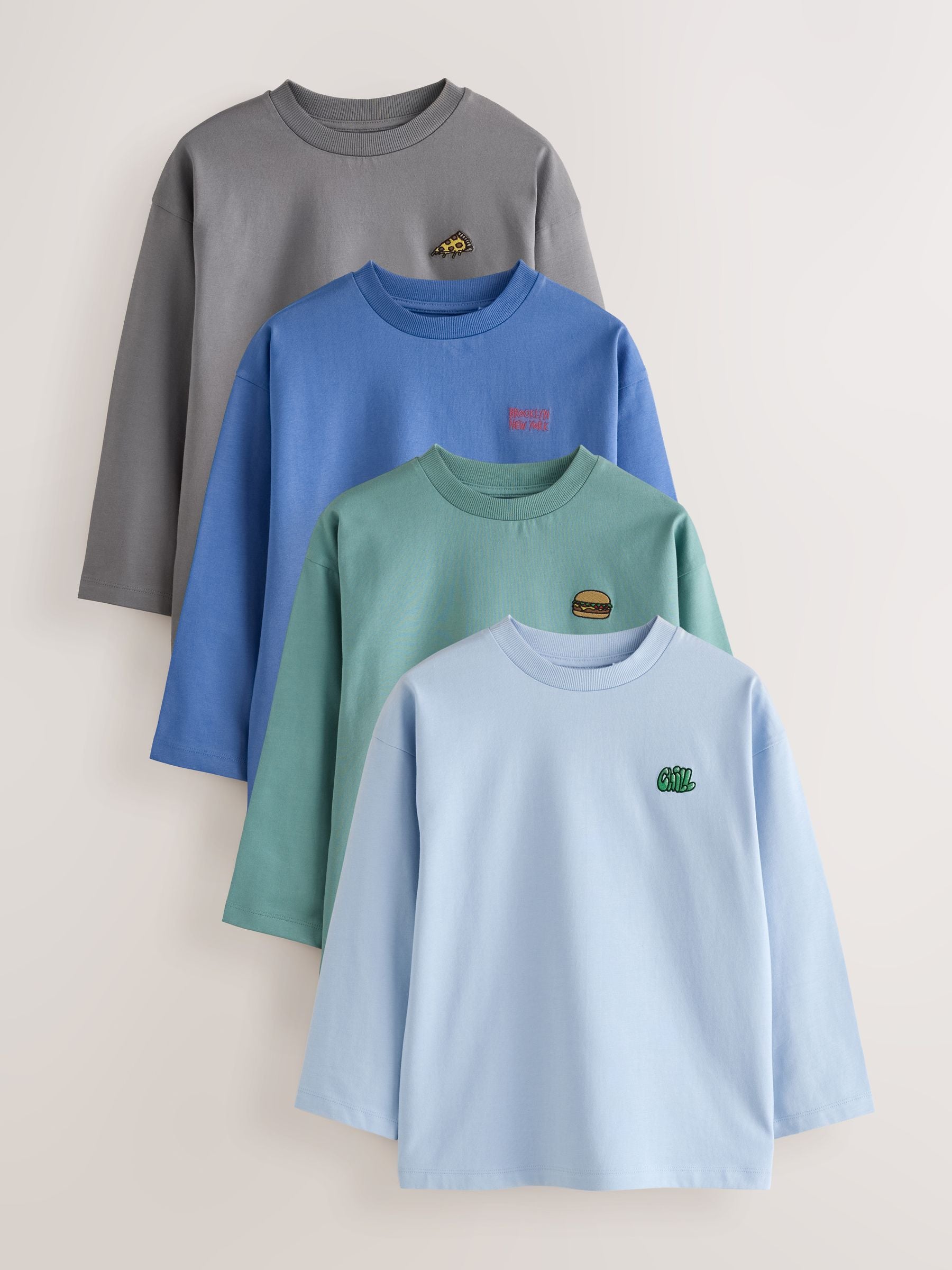 Dsiney Kidz - Blue/Green/Charcoal Food Long Sleeve Relaxed Fit T-Shirts 4 Pack (3-16yrs) image 1