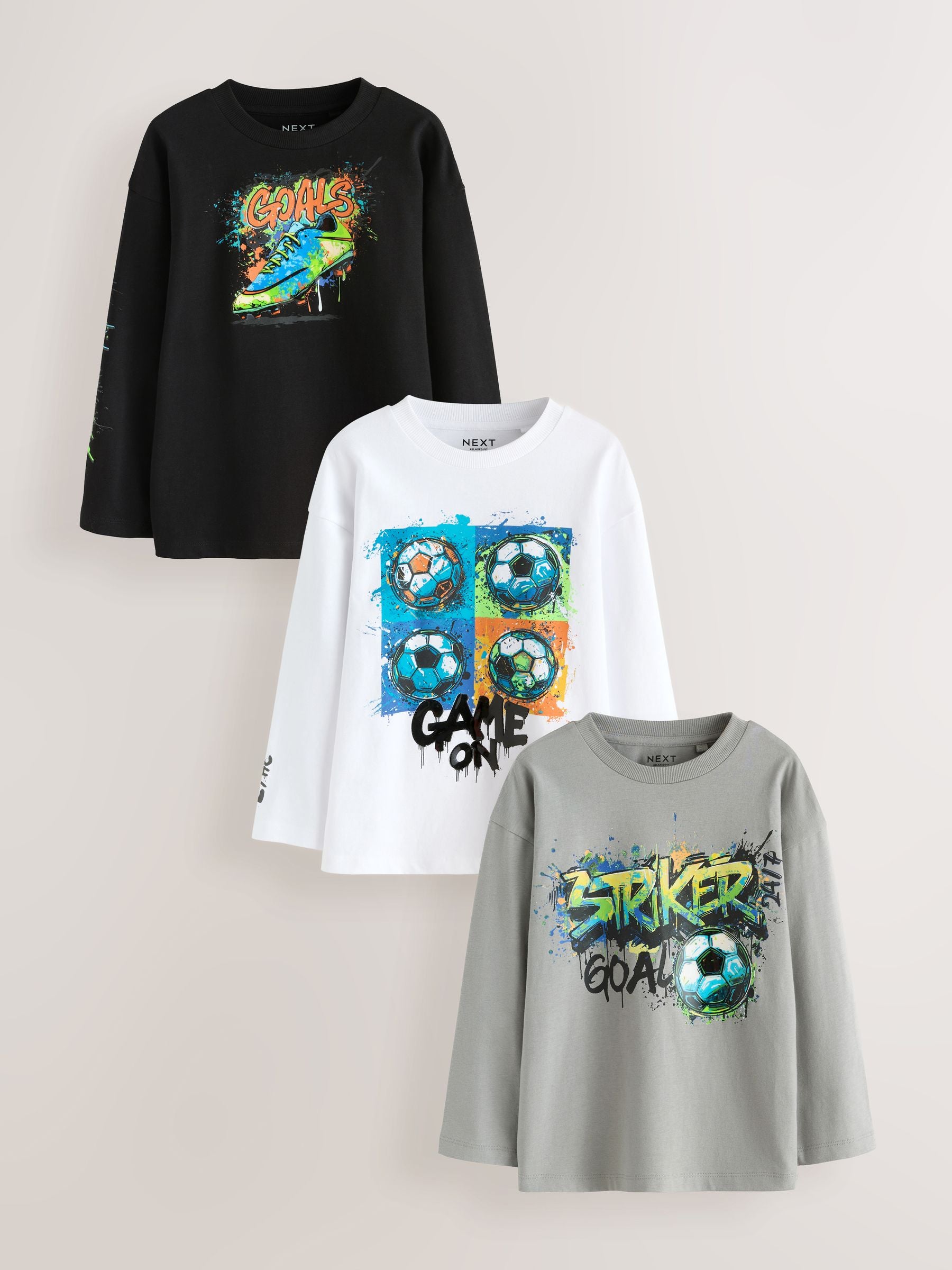 Dsiney Kidz - Black/Grey/White Graphic Long Sleeve Relaxed Fit T-Shirts 3 Pack (3-16yrs) image 1