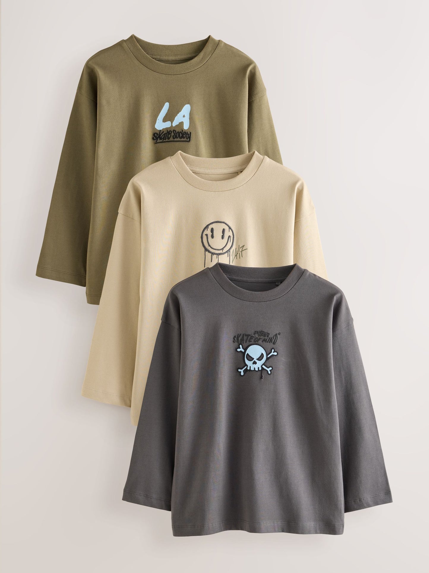 Dsiney Kidz - Stone/Khaki/Charcoal Graphic Long Sleeve Relaxed Fit T-Shirts 3 Pack (3-16yrs) image 1