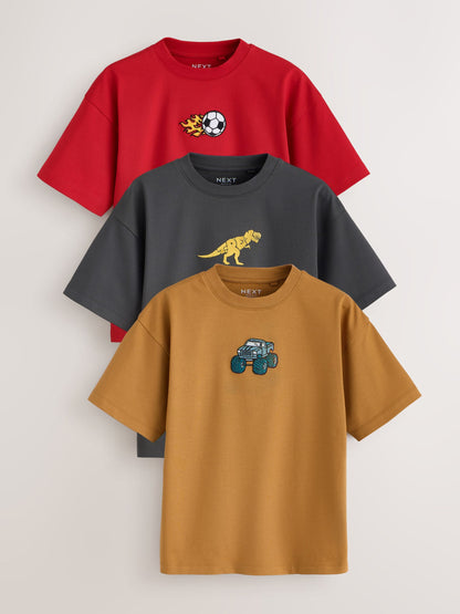 Dsiney Kidz - Red/Charcoal/Tan Relaxed Fit Graphic Print Short Sleeve T-Shirts 3 Pack (3-16yrs) image 1