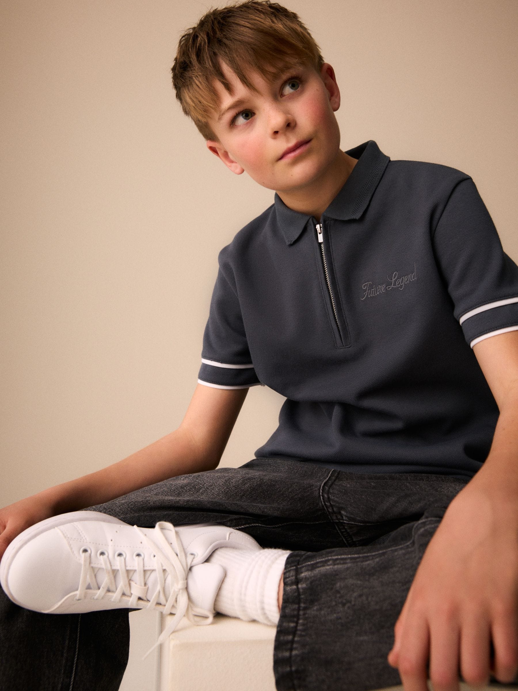 Dsiney Kidz - Charcoal Grey Zip Neck Short Sleeve Jersey Polo Shirt (3-16yrs) image 4