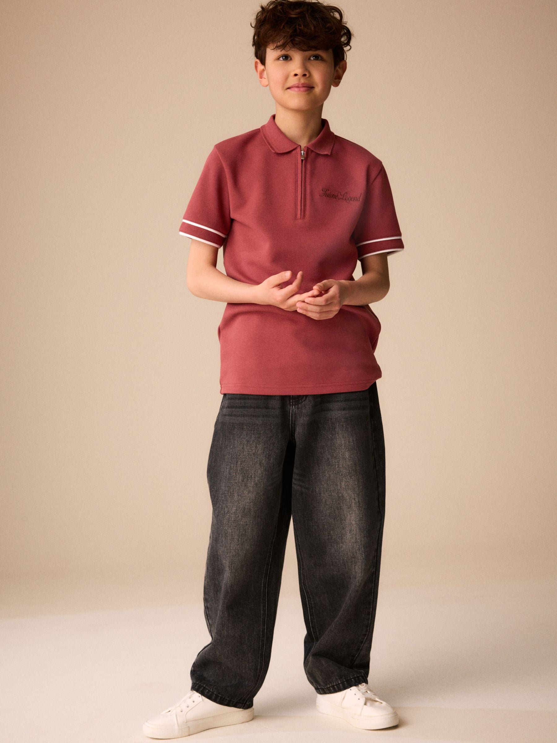 Dsiney Kidz - Rust Brown Zip Neck Short Sleeve Jersey Polo Shirt (3-16yrs) image 2
