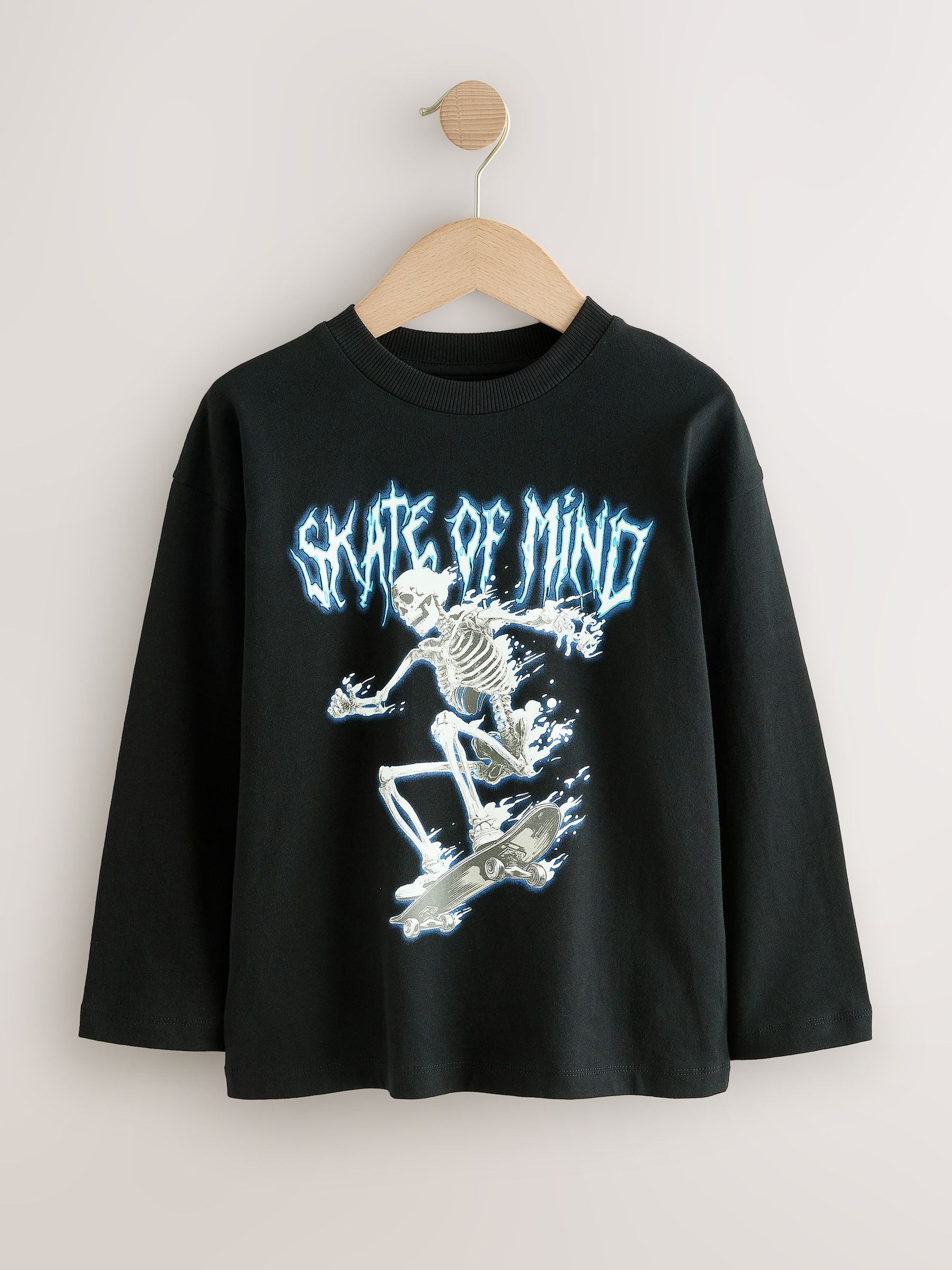 Dsiney Kidz - Black Skeleton Relaxed Fit Graphic Long Sleeve Cotton T-Shirt (3-16yrs) image 1