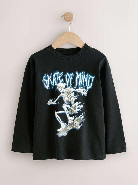 Dsiney Kidz - Black Skeleton Relaxed Fit Graphic Long Sleeve Cotton T-Shirt (3-16yrs) image 1